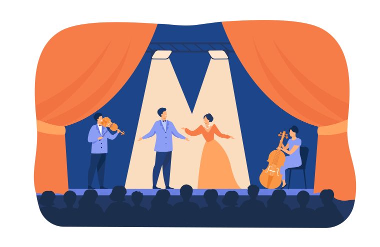 Opera singers playing on stage with musicians